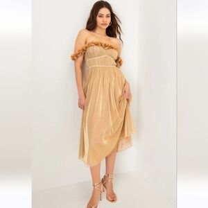 Lulus Amazing Essence Gold Metallic Mesh 3D Floral Midi Dress